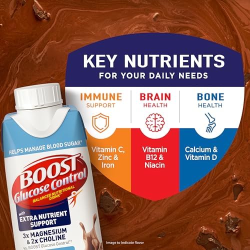 BOOST Glucose Control chocolate protein drink in 8 fl oz bottle, ready-to-drink nutritional beverage with a chocolate flavor.