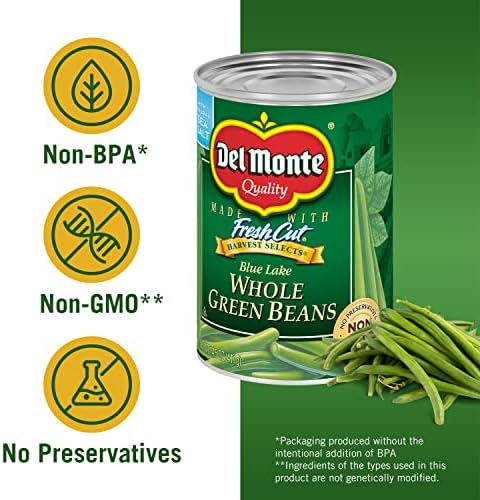 Canned green beans by Del Monte Harvest Selects Blue Lake in a 14.5 oz can, part of a 12-pack of canned vegetables.