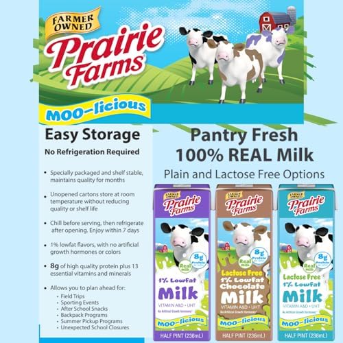Prairie Farms 1% low fat shelf-stable milk carton with Vitamin D, preservative-free, hormone-free, in 8 oz size, 27-pack.