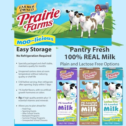 Prairie Farms 1% low fat shelf-stable milk carton with Vitamin D, preservative-free, hormone-free, in 8 oz size, 27-pack.
