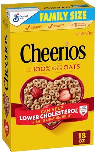 Cheerios gluten free breakfast cereal in a family size 18 oz box, showing round oat cereal pieces on the front of the box.
