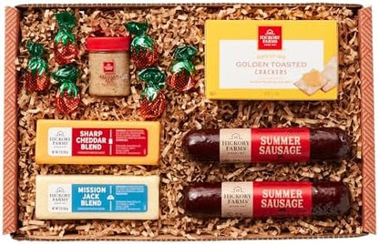 Hickory Farms farmhouse cheese and meat gift basket with summer sausage, crackers, and cheese in a small box set, perfect for gift-giving.