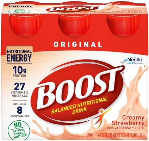 Creamy strawberry BOOST Original Nutritional Drink bottle, 8 oz, pack of 24, showing the vibrant strawberry flavor label.