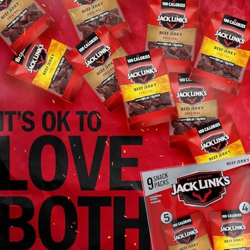 Jack Link's beef jerky variety pack with original and teriyaki flavors, 9 packs of 1.25 oz each, shown in the image.