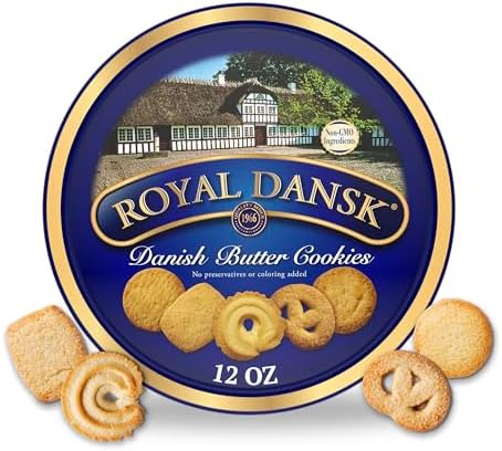 Royal Dansk Danish butter cookies in a 12 oz tin, featuring assorted butter cookies with a golden exterior and classic presentation.