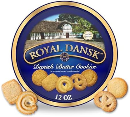 Royal Dansk Danish butter cookies in a 12 oz tin, featuring assorted butter cookies with a golden exterior and classic presentation.