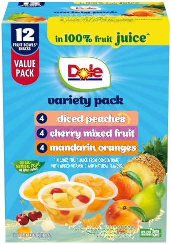 Dole fruit snack cups with diced peaches, mandarin oranges, and cherry mixed fruit in 4 oz containers, 12-pack.