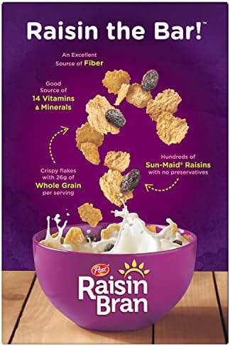 Post Raisin Bran cereal box featuring whole grain wheat and bran flakes with raisins in a 16.6 oz box.