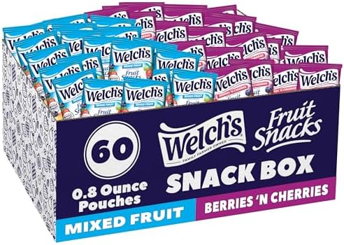Welch's mixed fruit and berry gummies in 0.8 oz snack packs, 60 count, colorful fruit snack gummies with cherries and berries.