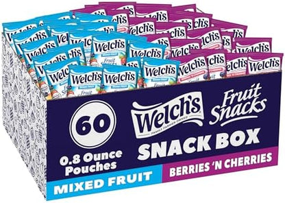 Welch's mixed fruit and berry gummies in 0.8 oz snack packs, 60 count, colorful fruit snack gummies with cherries and berries.