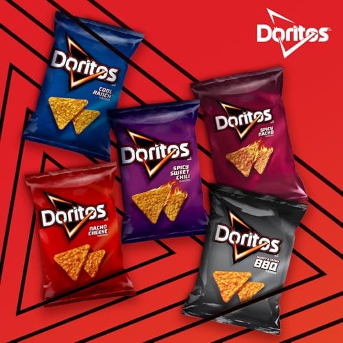 Doritos Nacho Cheese flavored tortilla chips in a 1-ounce pack, shown in a colorful bag with crispy chips visible.