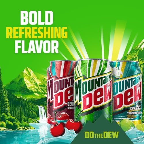 Pack of 12 Mountain Dew soda soft drink cans, 12 fl oz each, featuring the vibrant green Mountain Dew branding and logo.