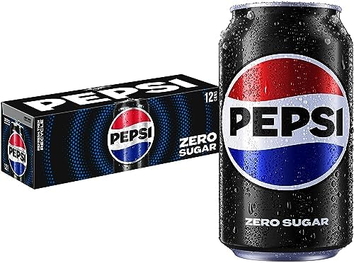 Sixteen Pepsi Zero Sugar Cola soda cans, 12 fl oz each, in a pack of 12, featuring the classic black and red design.