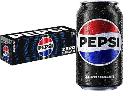 Sixteen Pepsi Zero Sugar Cola soda cans, 12 fl oz each, in a pack of 12, featuring the classic black and red design.