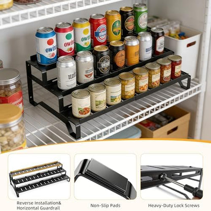 Expandable Attelite can organizer for pantry, 3-tier metal canned food storage with adjustable sections for easy organization.