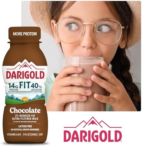 Darigold Fit lactose-free chocolate milk bottle, low fat, high protein, 8oz size, 18-pack, with reduced sugar content.