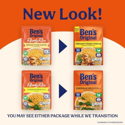 Ben's Original Four Cheese & Cheddar Broccoli Ready Rice in 8.5oz microwave-safe pack, six-pack of flavorful rice meals.