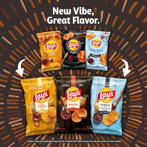 Assorted Lay's potato chips in 1 oz single-serve bags from the 4-flavor variety pack, colorful packaging with chips visible.