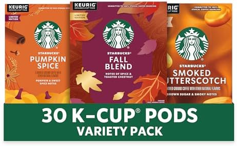 Starbucks K-Cup coffee pods fall bundle with medium roast and flavored coffee for Keurig brewers, 3 boxes, 30 pods total.