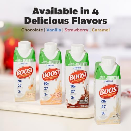 Boost High Protein with Fiber Strawberry Nutritional Shake, 24-pack, showing a colorful box with strawberry flavor and nutritional information.