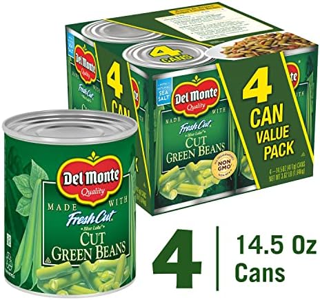 Canned green beans from Del Monte, 14.5 oz, fresh cut blue lake green beans in a 4-pack, ready for cooking or serving.