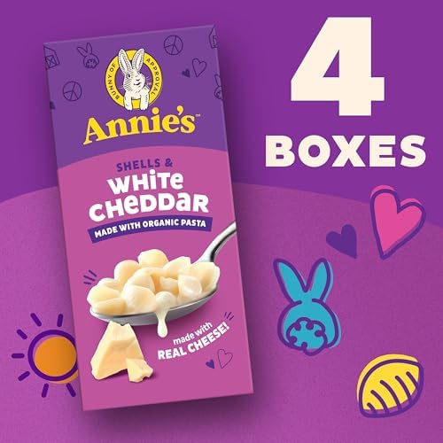 Pack of Annie's Homegrown organic Shells & White Cheddar mac and cheese, featuring creamy cheese and pasta in a 4-count box.