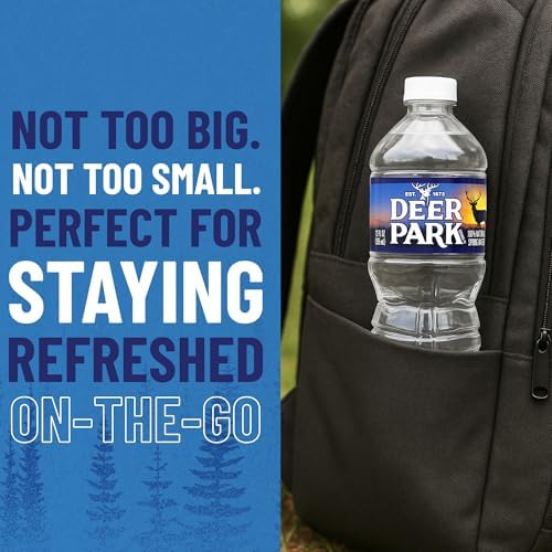 Deer Park natural spring bottled water in 12 oz bottles, 12-pack, showing clear water bottles with Deer Park labels.