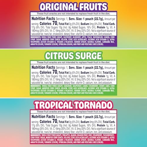 Welch's Fruit Snacks Fusions variety pack with colorful fruit-shaped gummies in 0.8 oz bags, gluten-free, 50 count.