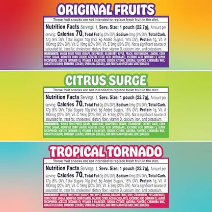 Welch's Fruit Snacks Fusions variety pack with colorful fruit-shaped gummies in 0.8 oz bags, gluten-free, 50 count.