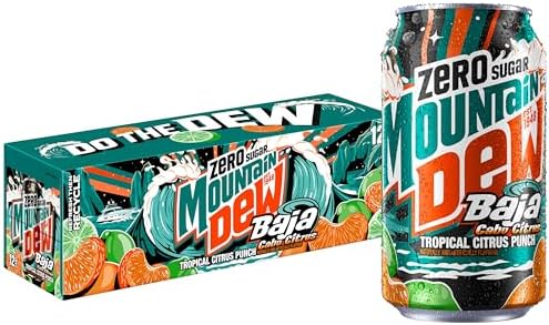 Six Mountain Dew Baja Cabo Citrus Zero Sugar soda cans, 12 fl oz each, arranged in a pack, showing colorful branding on the cans.
