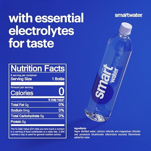 BackupMyFilesNow® smartwater vapor distilled water bottles, 16.9 fl oz, 6-pack, clear plastic bottles with blue caps.