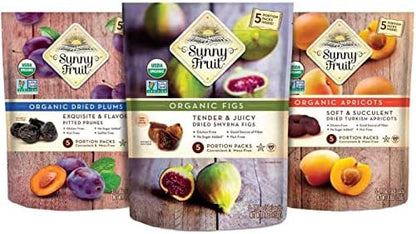 Sunny Fruit dried fruit snack packs, 6 bags with 30 portions, featuring assorted dried fruits in convenient snack-sized packs.