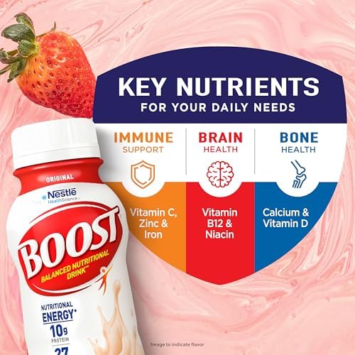 Boost Original Nutritional Shake in strawberry flavor, ready-to-drink meal replacement drinks, 24-pack, with creamy strawberry color.