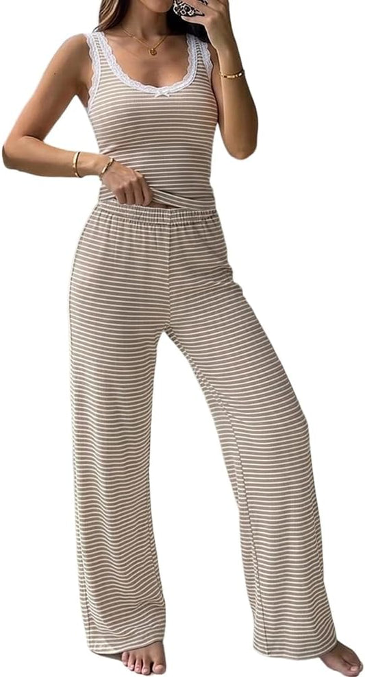 CHICME women's 2-piece striped knit pajama set for lounging with a comfortable, cozy design and soft fabric.