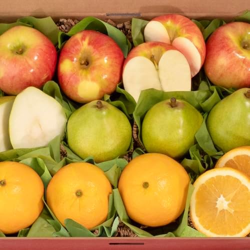 Organic fruit gift box by A Gift Inside with fresh pears, Honeycrisp apples, and Navel oranges in a premium gift box.