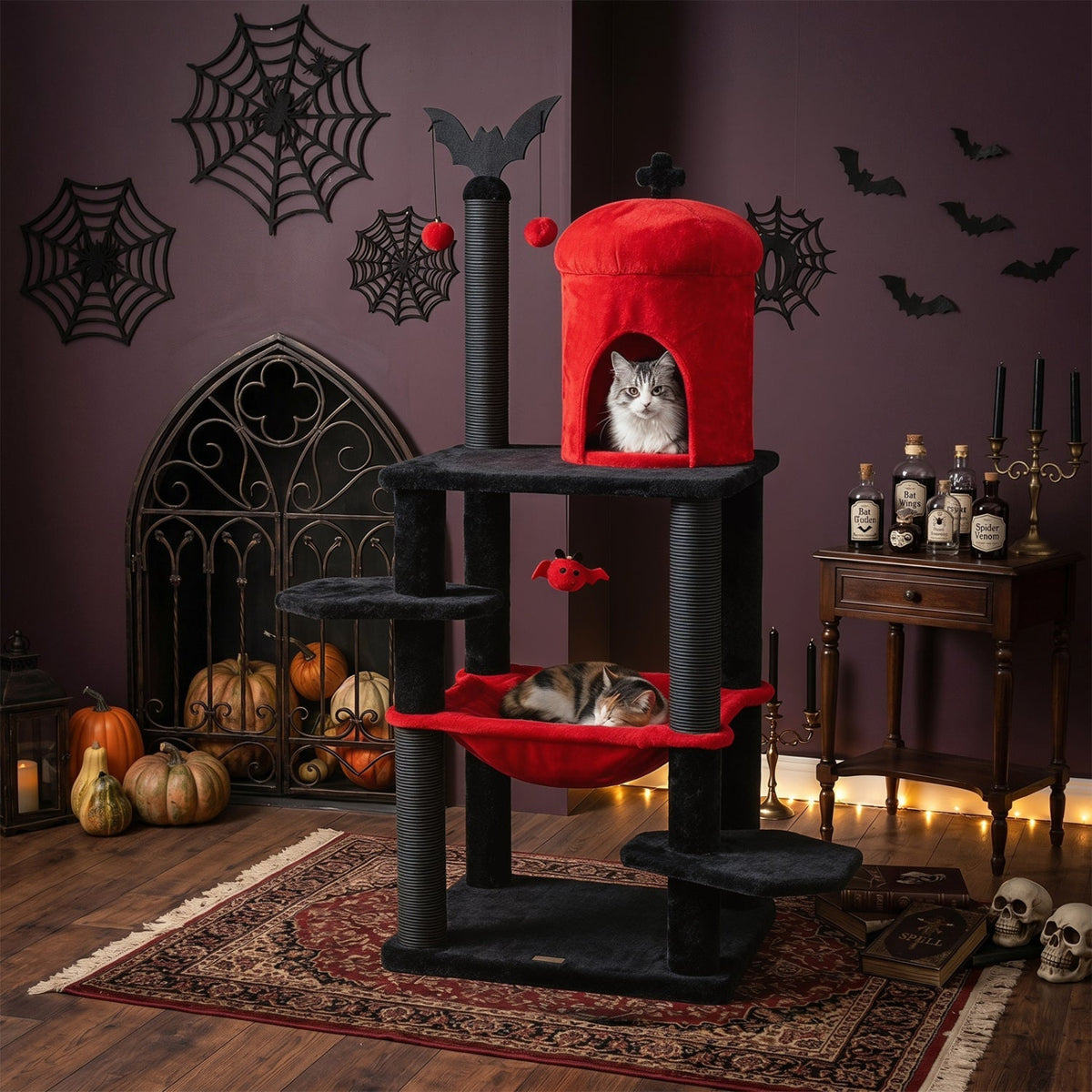 Gothic-style 51-inch multi-level cat tree with spider toy, hammock, and cozy platforms for cats to climb and play.