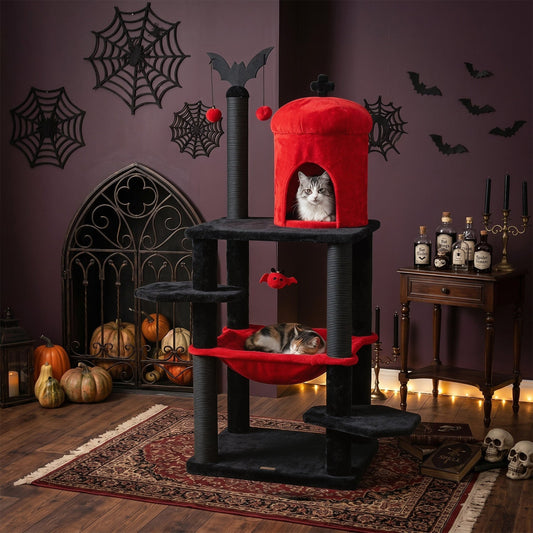 Gothic-style 51-inch multi-level cat tree with spider toy, hammock, and cozy platforms for cats to climb and play.