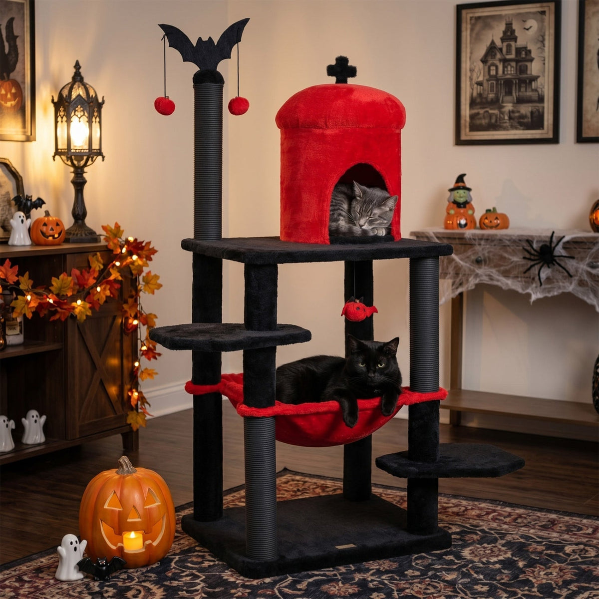 GBruno Store 51-inch Gothic multi-level cat tree with spider toy and hammock, featuring multiple perches and cozy resting spots.