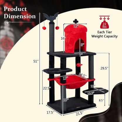 Gothic-style 51-inch multi-level cat tree with spider toy, hammock, and sisal scratching posts for cats to climb and play.