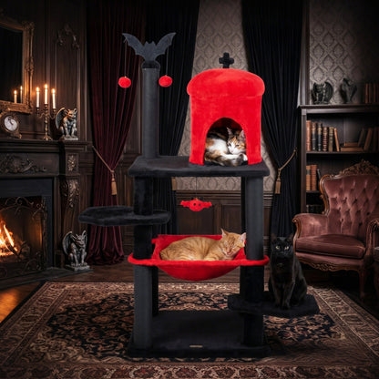 Gothic-style 51-inch multi-level cat tree by GBruno Store with a spider toy and cozy hammock for cats to climb and relax.