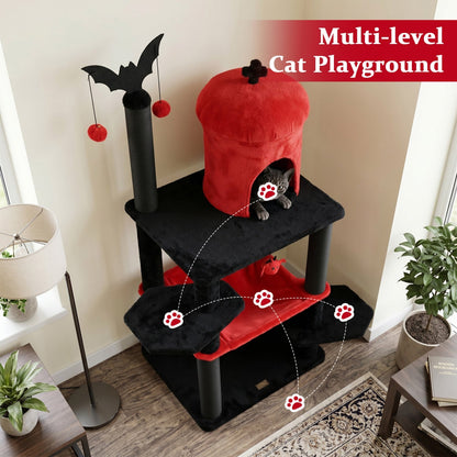 Gothic-style 51-inch multi-level cat tree by GBruno Store with spider toy, hammock, scratching posts, and cozy spaces for cats.