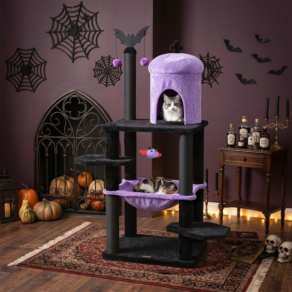 Gothic-style 51-inch multi-level cat tree by GBruno Store with spider toy, hammock, and multiple platforms for cats to climb and rest.