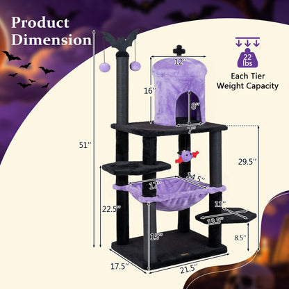 GBruno Store 51-inch Gothic multi-level cat tree with spider toy, hammock, and scratching posts for cats to climb and play.