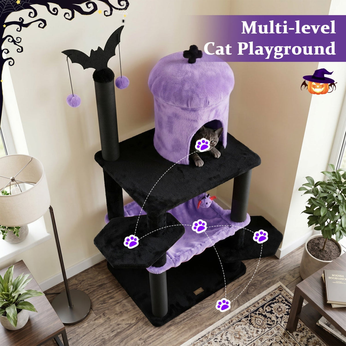 Gothic-style 51-inch multi-level cat tree by GBruno Store with spider toy, hammock, and multiple platforms for cats to climb and rest.