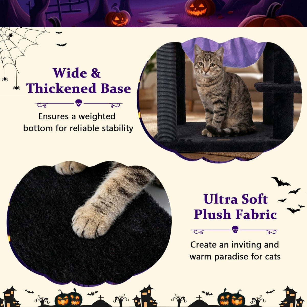 Gothic-style 51-inch multi-level cat tree with hammock, spider toy, and cozy platforms for climbing and lounging.