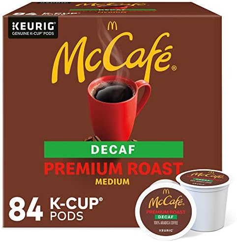 McCafe Premium Roast Decaf K-Cup coffee pods for Keurig, medium roast, pack of 84 single-serve coffee pods.