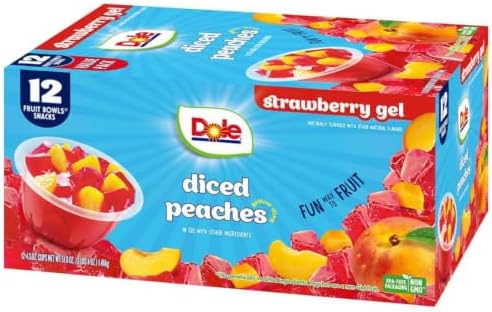 Dole Fruit Bowls Peaches in 4.3oz snack cups, showing fresh peach slices in clear packaging
