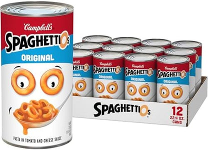 Canned SpaghettiOs Original pasta in 22.4 oz can, ready-to-eat snack for kids and adults, packaged in a 12-pack.