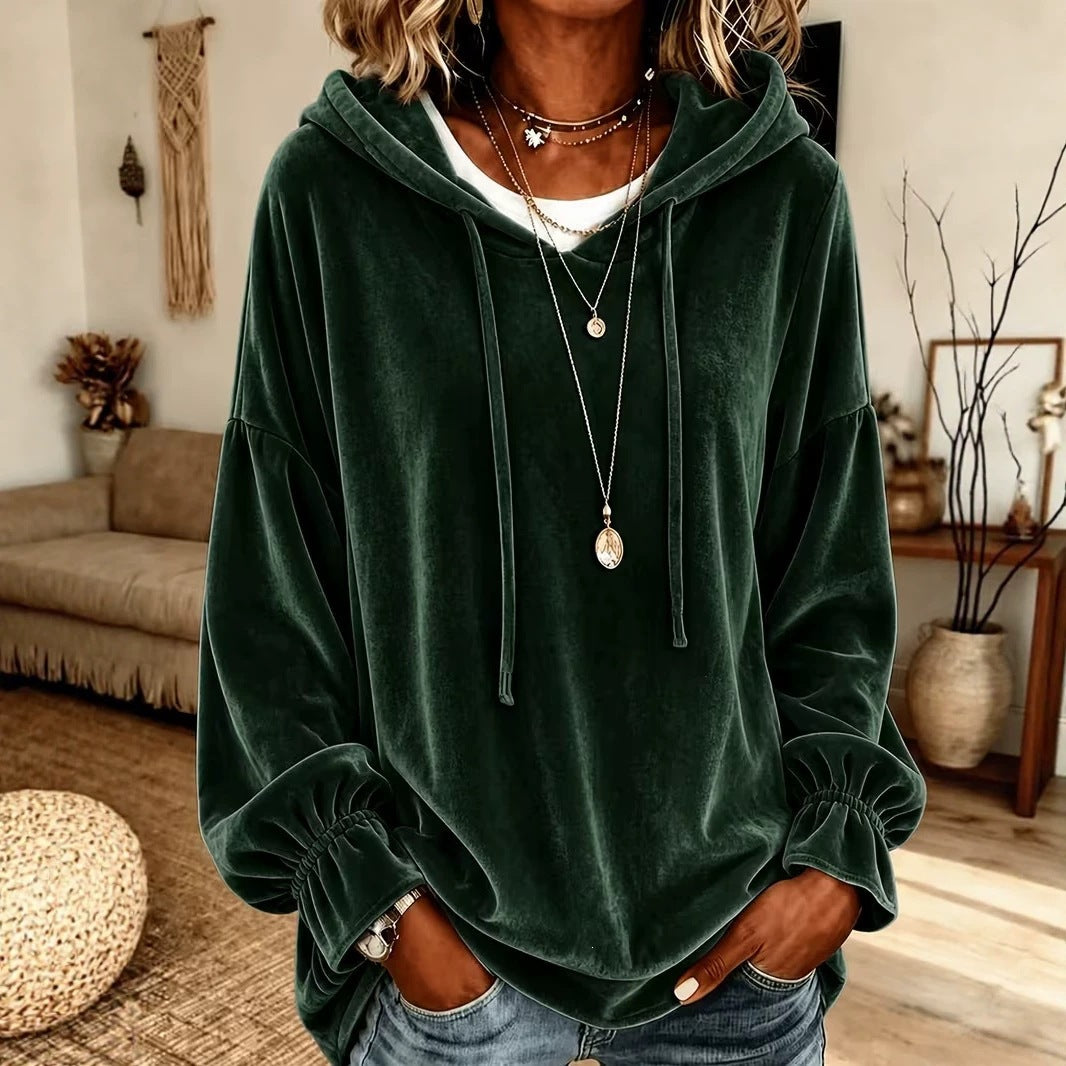 Women's hooded velvet sweater with loose fit and drawstring, autumn and winter style