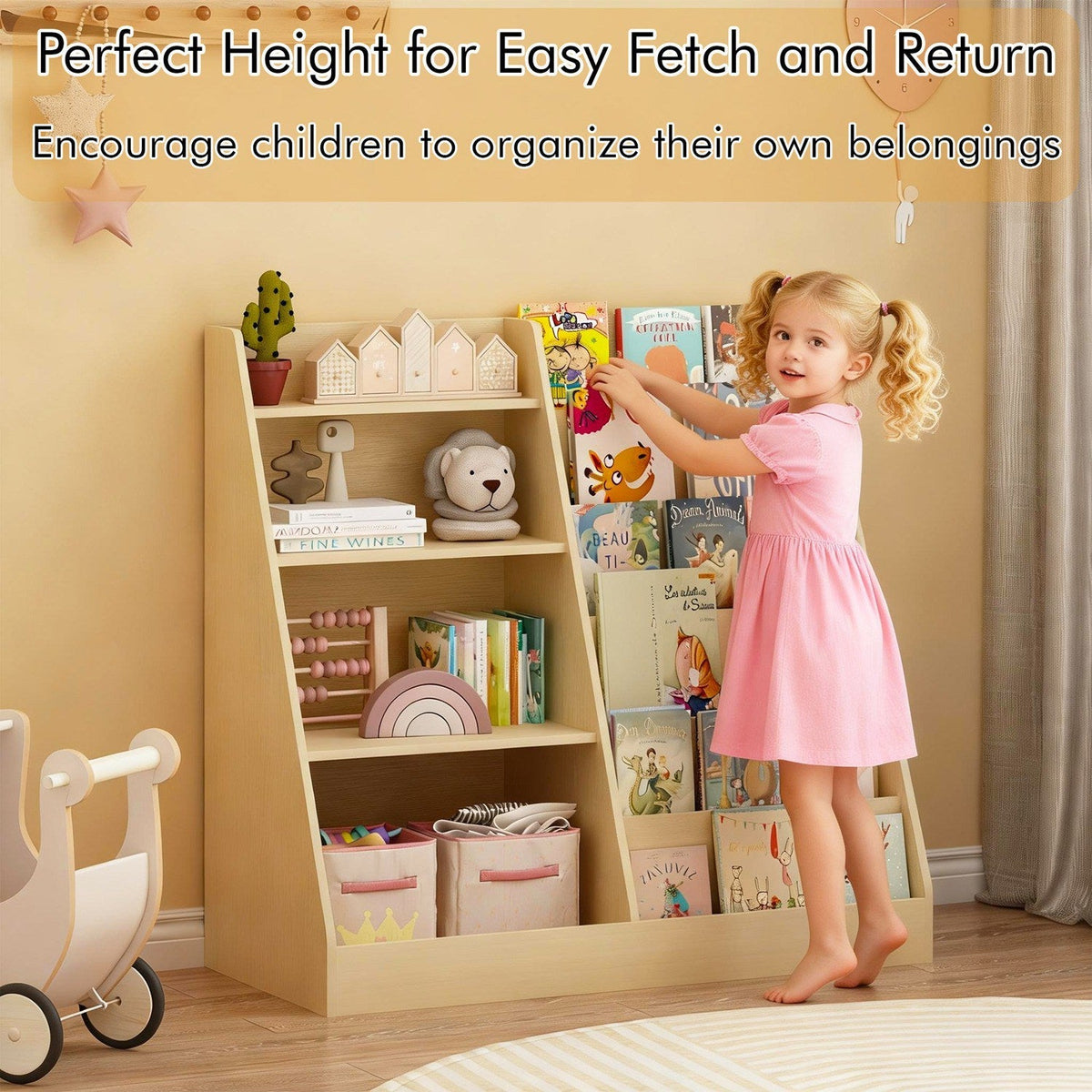 Multi-tier kids bookshelf with toy storage organizer by GBruno Store, 34.65 inches tall, featuring open shelves and colorful toy bins.